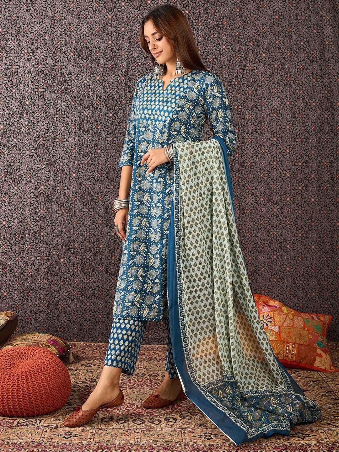 Floral Printed Pure Cotton Straight Kurta Trousers With Dupatta