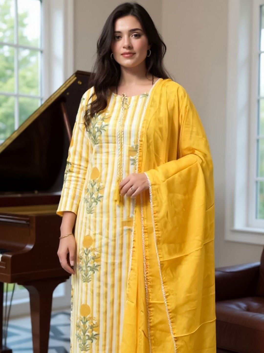 Dhiyona IE Women Floral Printed Pure Cotton Kurta with Trousers & Dupatta