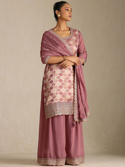 Dhiyona SO Women's Floral Printed U-Neck Sequinned Kurta With Palazzos & Dupatta