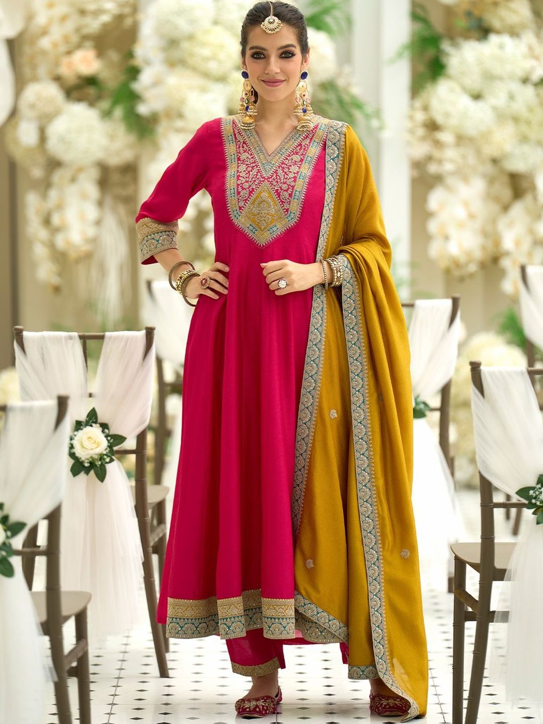 Dhiyona IE Women Ethnic Motifs Embroidered Anarkali Kurta with Trousers & Dupatta