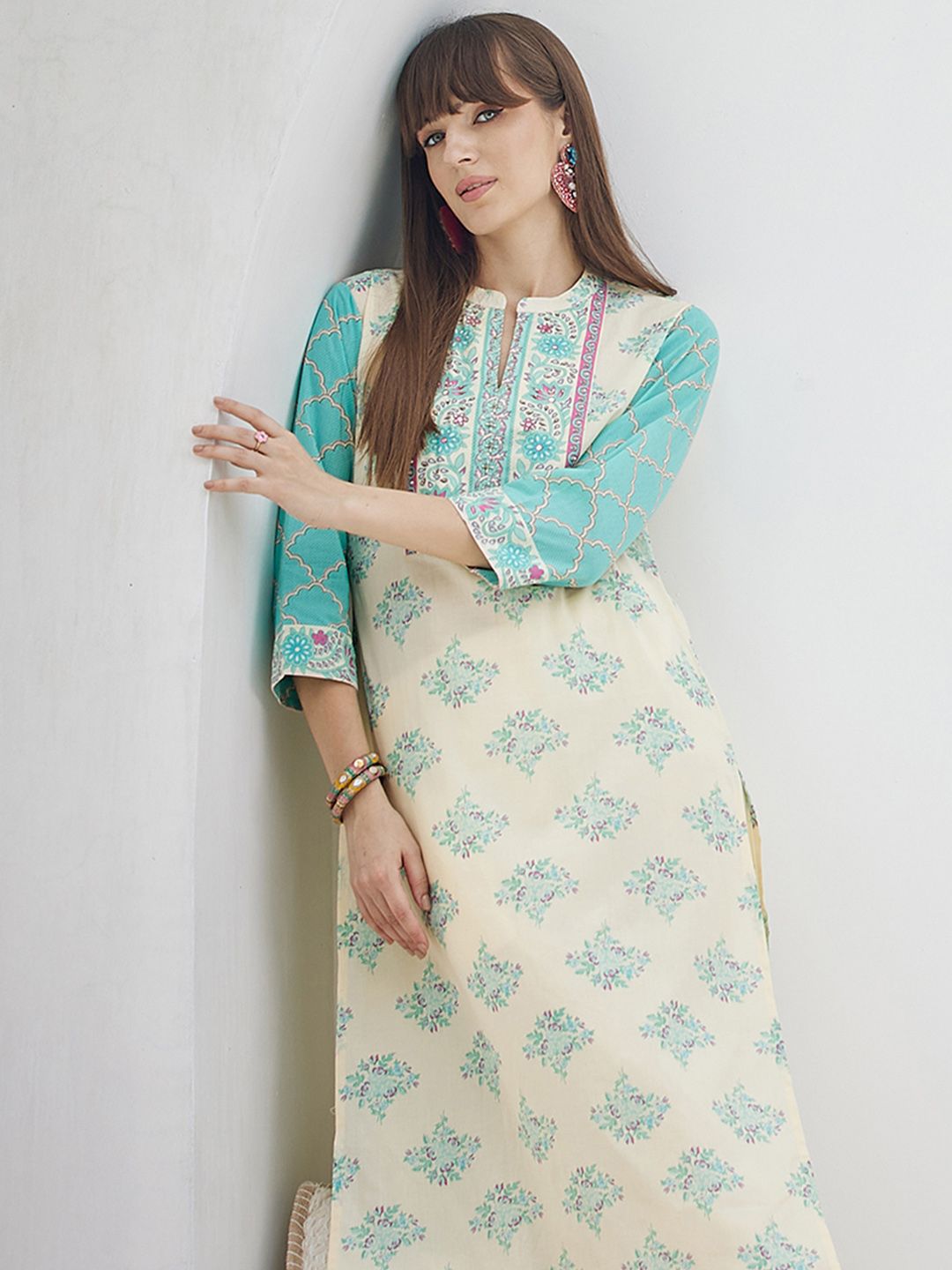 Dhiyona IE Printed Pure Cotton V-Neck Tunic With Trousers Co-Ords