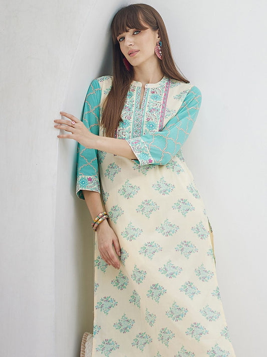 Dhiyona IE Printed Pure Cotton V-Neck Tunic With Trousers Co-Ords