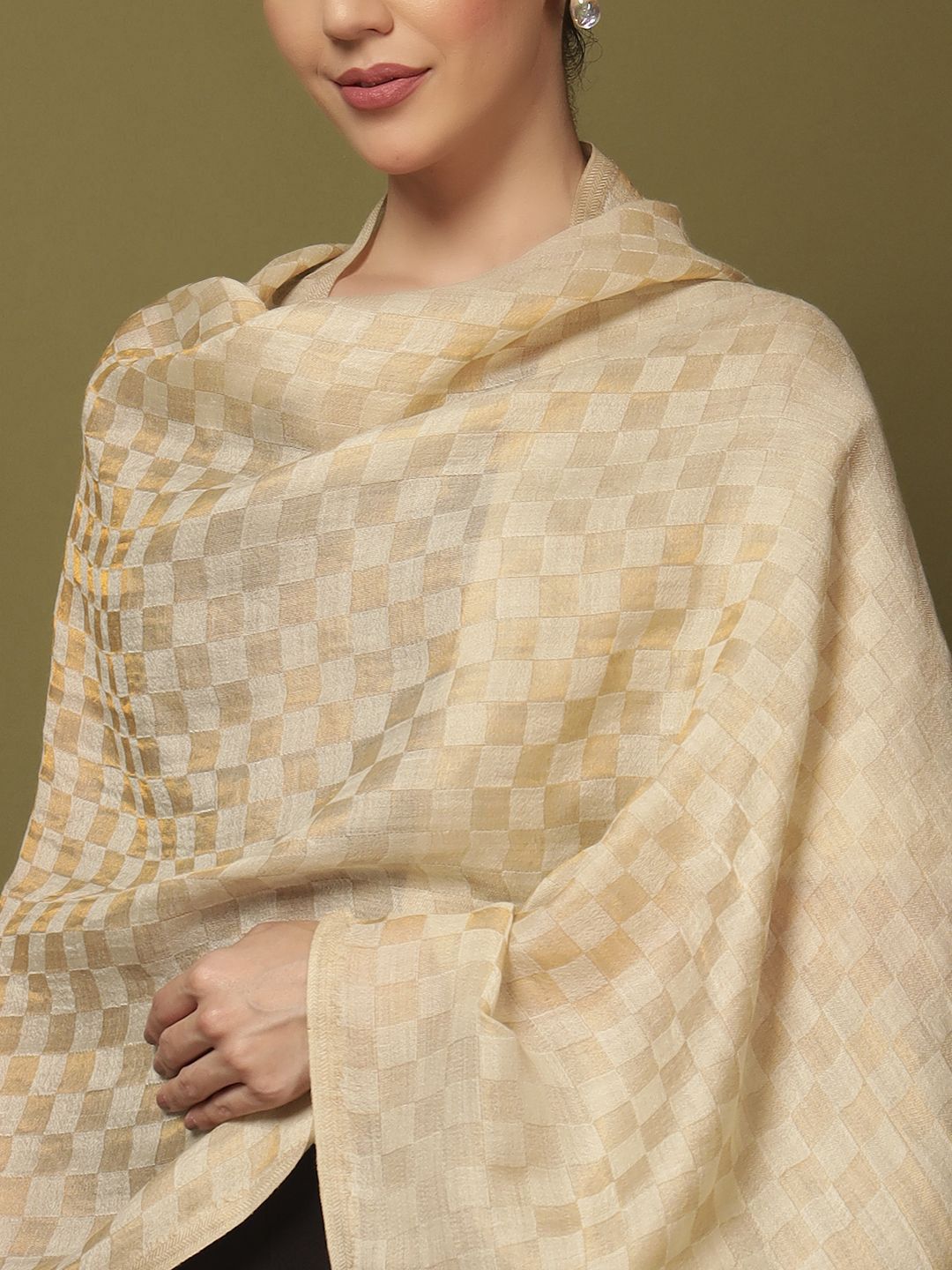 Dhiyona PA Ruhzar Checked Woven Design Reversible Pashmina Woolen Shawl