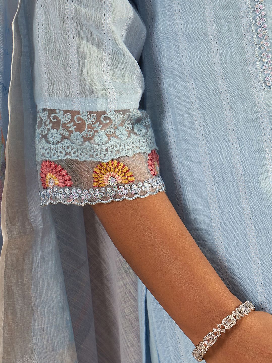 Floral Yoke Design Straight Thread Work Pure Cotton Kurta with Trousers & Dupatta