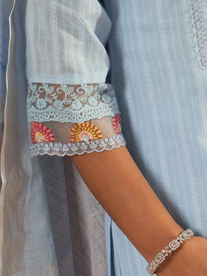 Floral Yoke Design Straight Thread Work Pure Cotton Kurta with Trousers & Dupatta