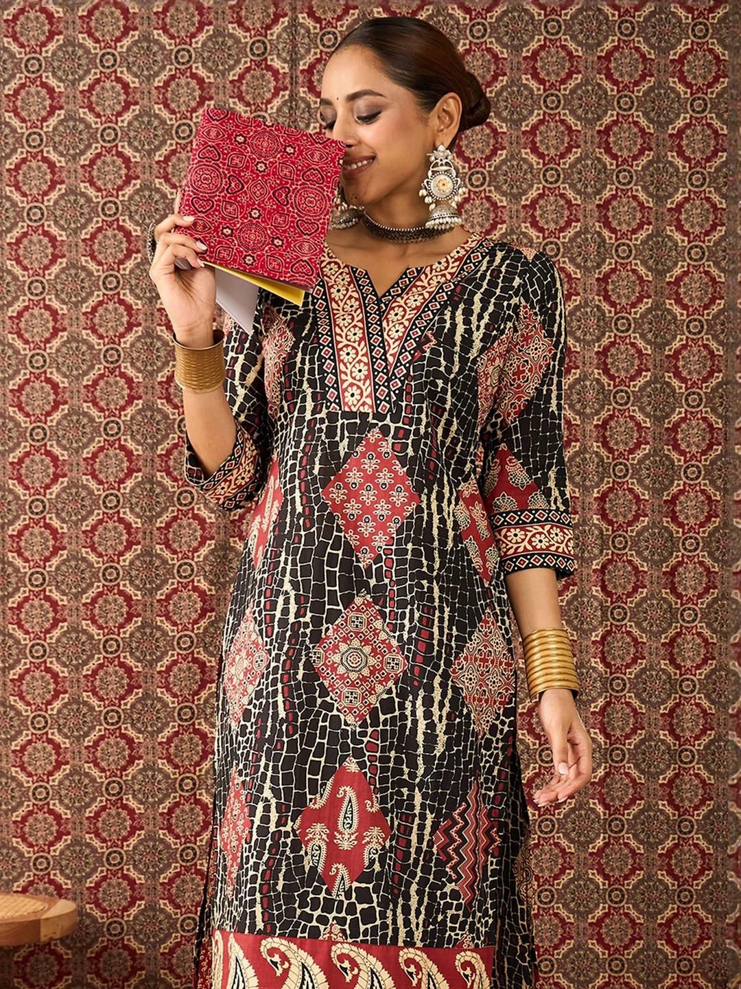 Dhiyona IE Printed Pure Cotton V-Neck Tunic With Trouser