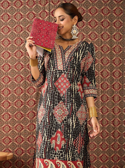 Dhiyona IE Printed Pure Cotton V-Neck Tunic With Trouser