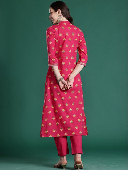Women Ethnic Motifs Printed Panelled Thread Work Pure Cotton Kurta with Trousers