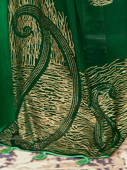 Women's Silk Blend Green Embellished Celebrity Saree With Blouse Piece