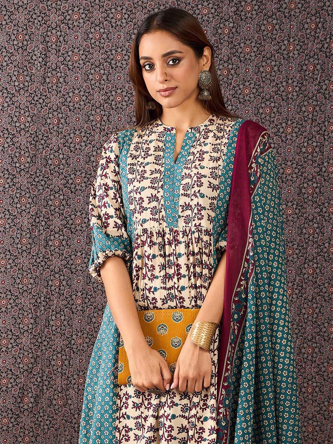Dhiyona IE Floral Printed Mandarin Collar Pure Cotton A-Line Kurta & Trousers With Dupatta