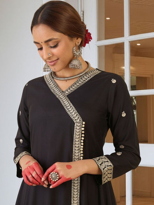 Women Ethnic Motifs Embroidered Angrakha Thread Work Kurta with Trousers & With Dupatta
