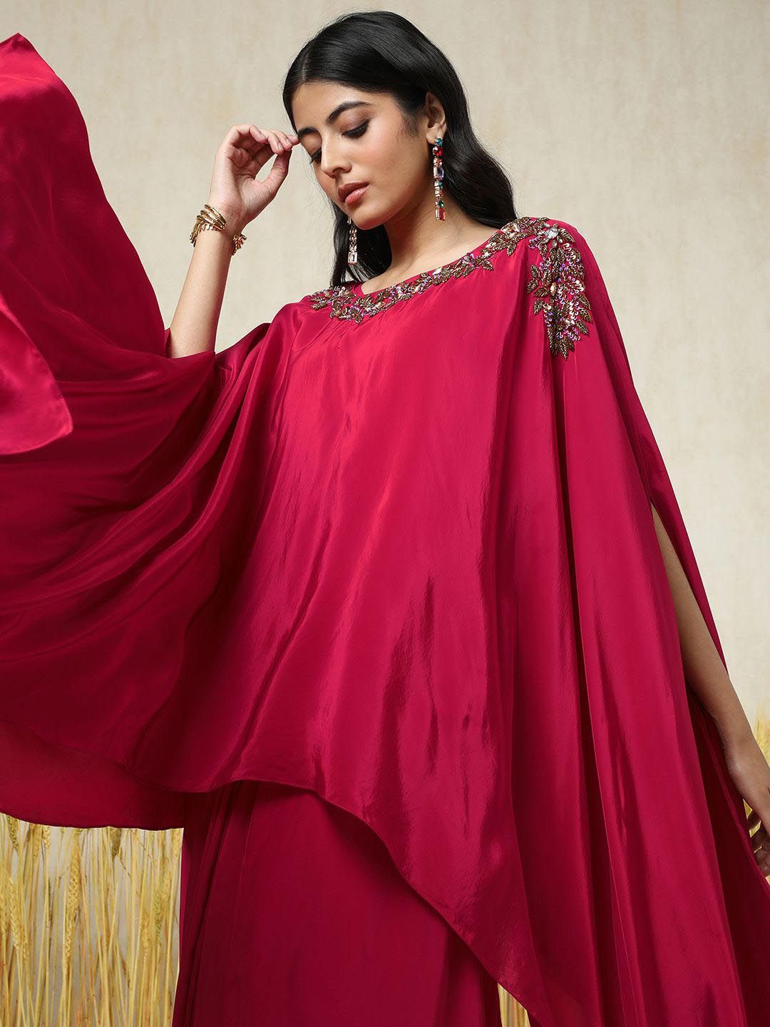 Dhiyona SO Women's Floral Yoke Design Layered Beads and Stones Top With Dhoti Pants & Inner