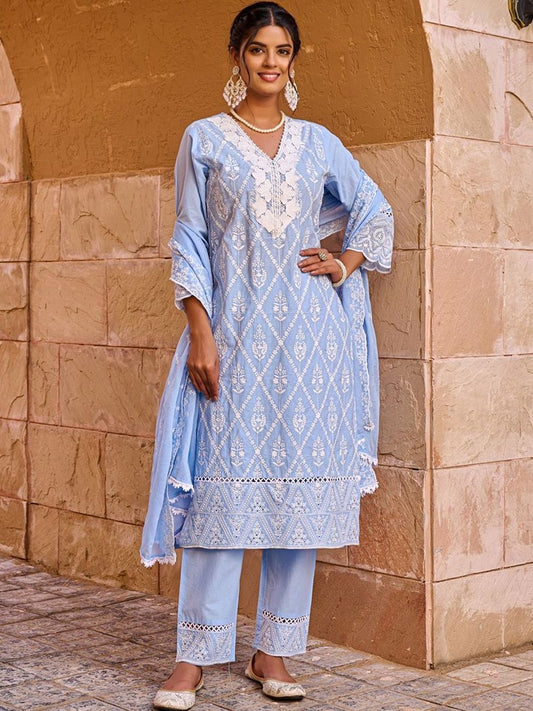 Women Ethnic Motifs Embroidered Regular Chikankari Pure Cotton Kurta with Trousers & With Dupatta