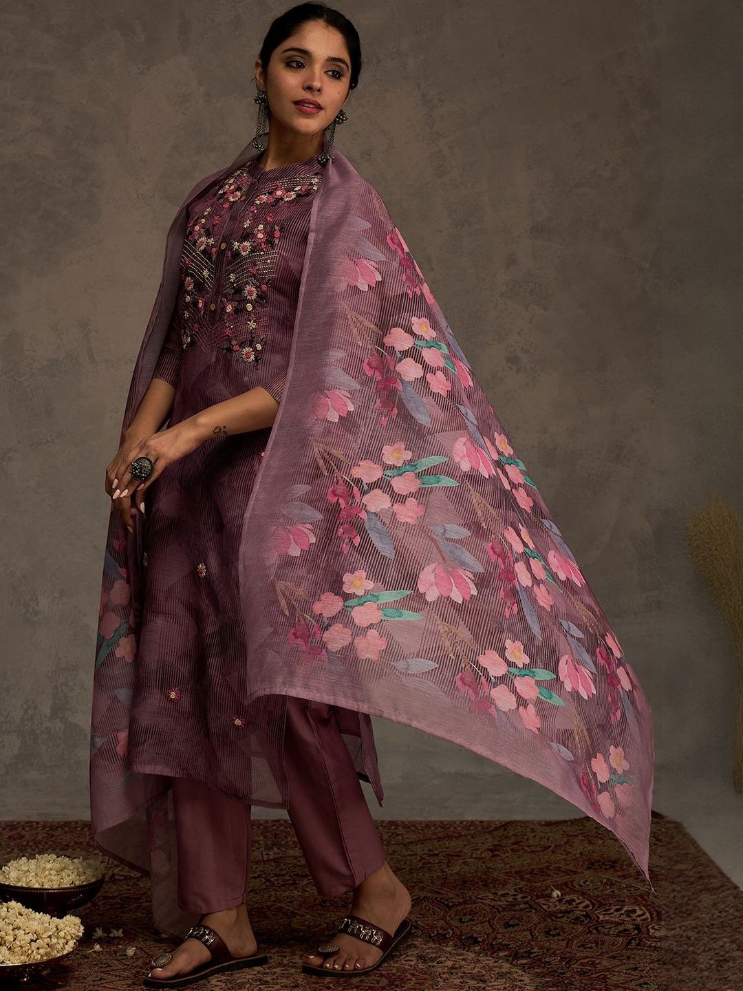 Floral Embroidered Thread Work Chanderi Cotton Kurta with Trousers & Dupatta