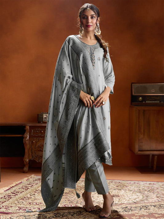 Dhiyona WP Floral Embroidered Beads and Stones Jacquard Kurta with Trousers & Dupatta