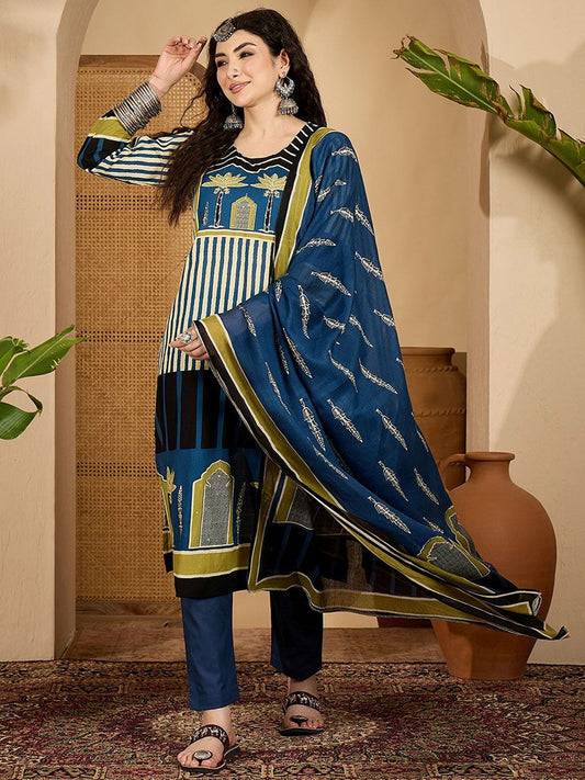 Dhiyona SN Women's Striped Round Neck Sequinned Pure Cotton Straight Kurta with Trousers & Dupatta