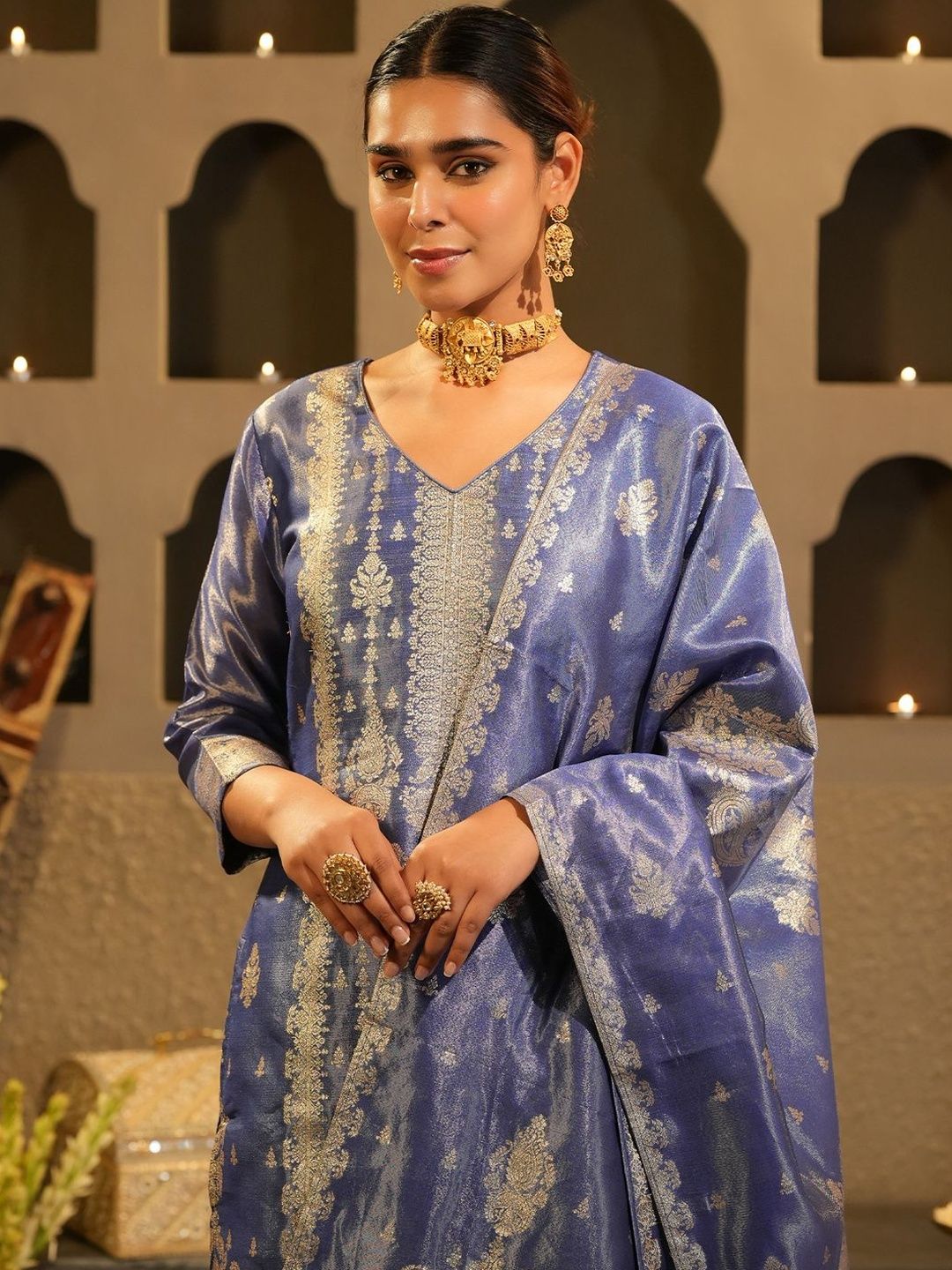 Ethnic Motifs Woven Design Zari Liva Kurta With Trousers & With Dupatta
