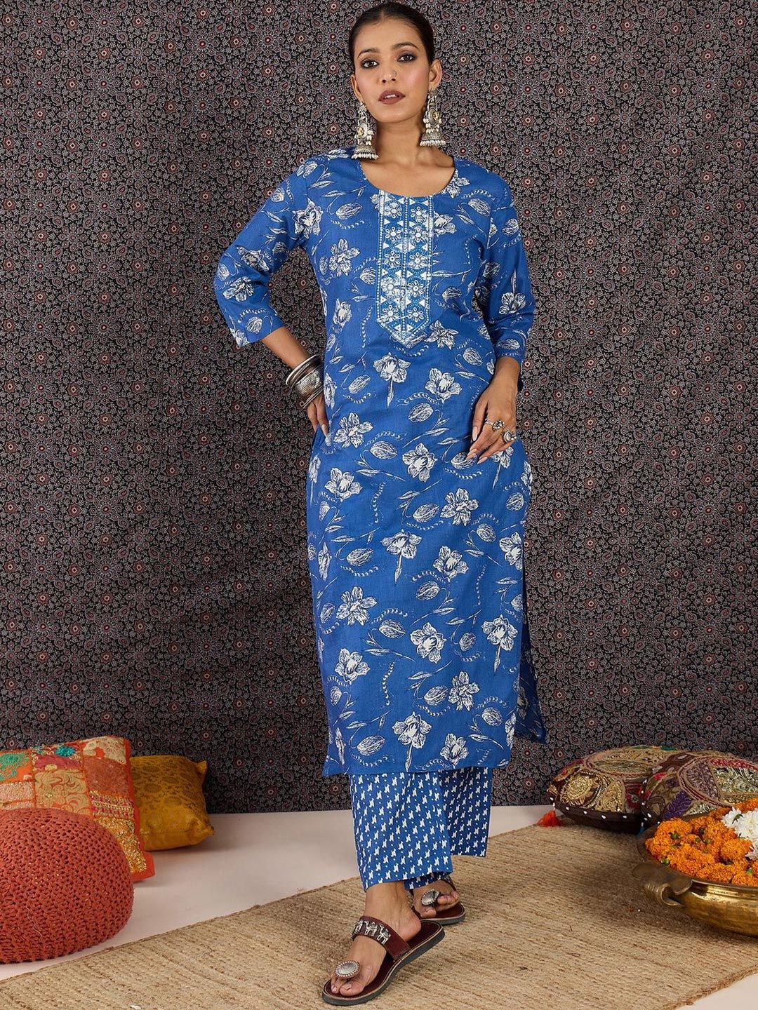 Women Floral Printed Regular Mirror Work Kurta with Trousers & With Dupatta