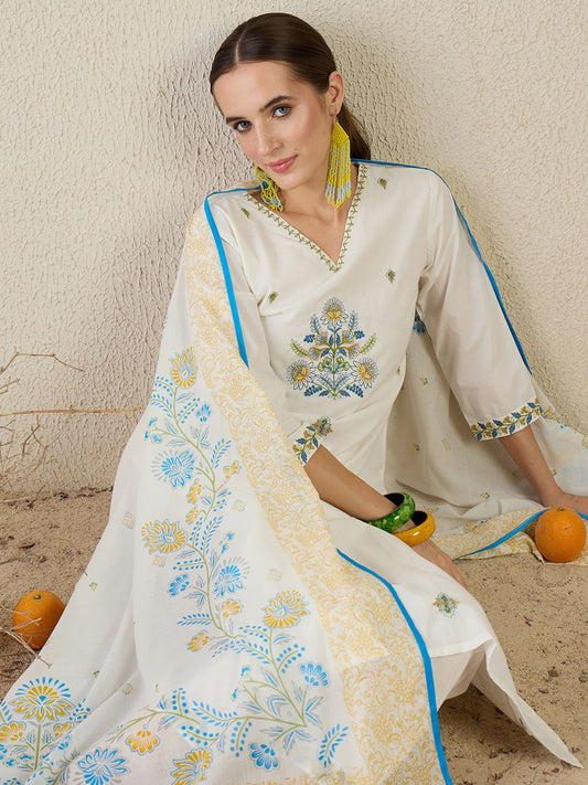 Women Floral Embroidered Cotton Kurta with Trousers & Dupatta