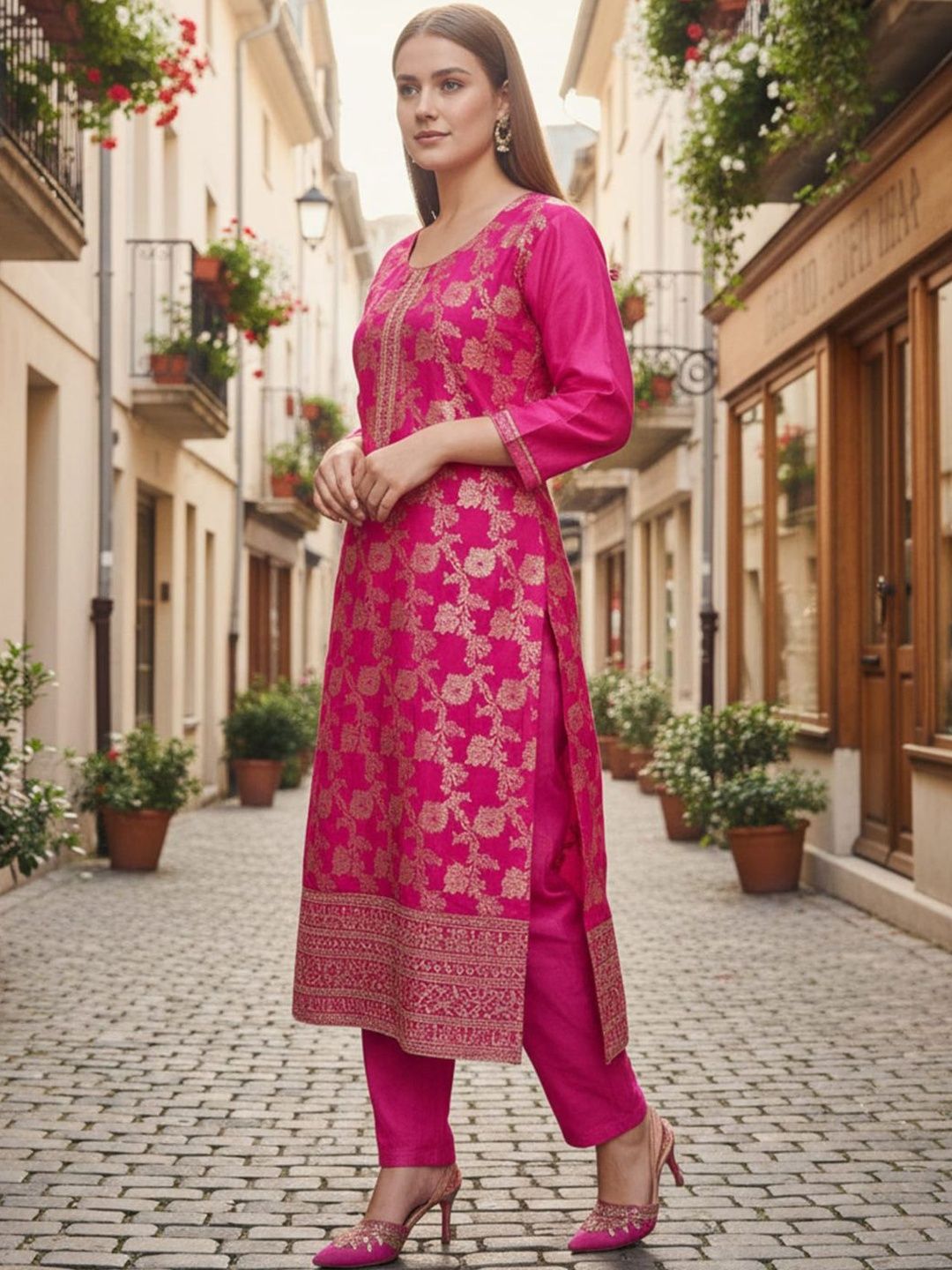 Floral Woven Design Round Neck Zari Work Straight Kurta With Trouser & Dupatta