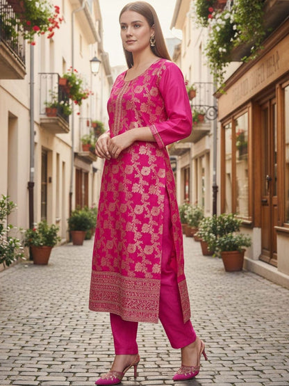 Floral Woven Design Round Neck Zari Work Straight Kurta With Trouser & Dupatta
