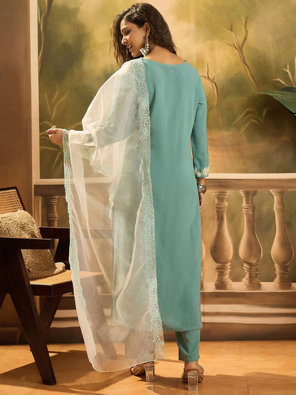 Dhiyona SN Women's Embroidered V-Neck Kurta & Trousers With Dupatta