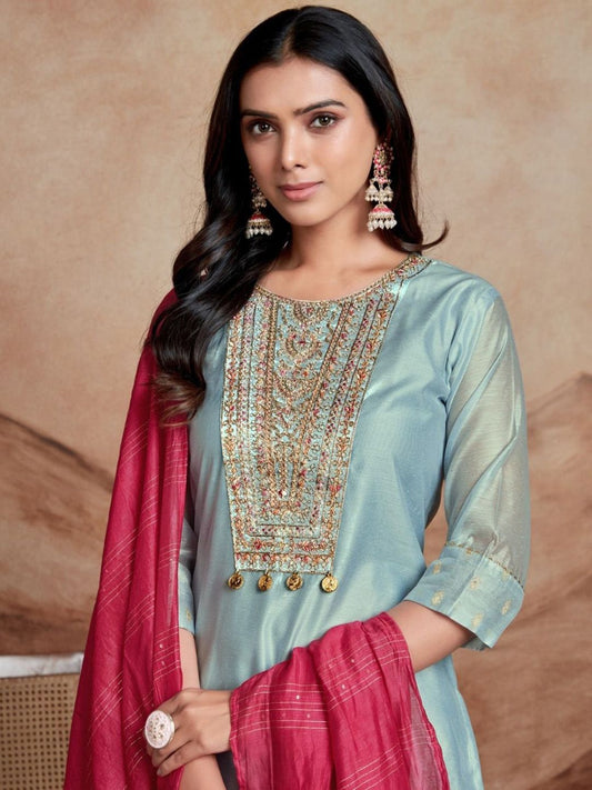 Dhiyona SN Women's Floral Embroidered Sequinned Chanderi Silk Straight Kurta & Palazzo With Dupatta