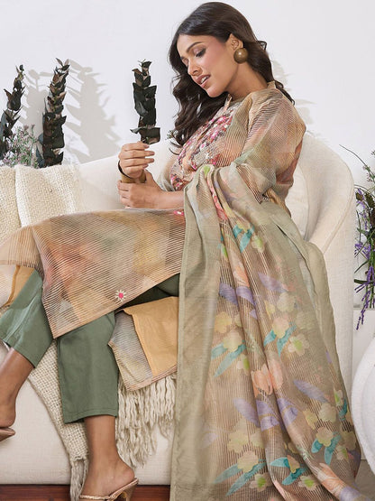 Floral Printed Thread Work Chanderi Silk Kurta with Trouser & Dupatta