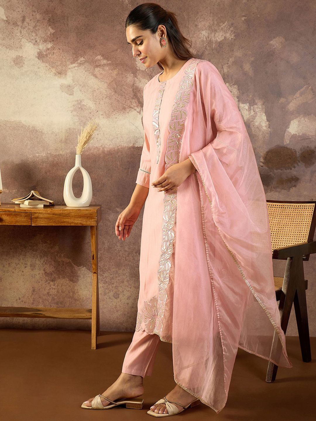 Women Solid Embroidered Kurta with Trousers & Dupatta
