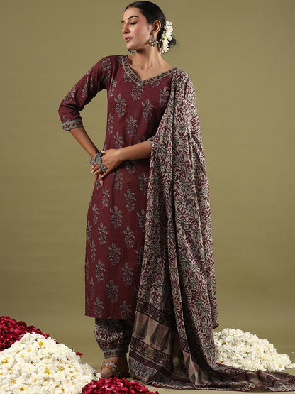 Dhiyona IE Women Floral Printed Regular Pure Cotton Kurta with Salwar & With Dupatta