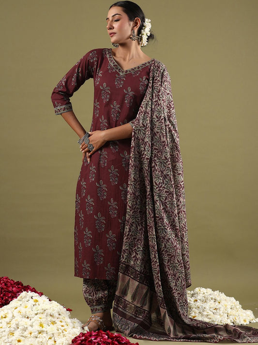 Dhiyona IE Women Floral Printed Regular Pure Cotton Kurta with Salwar & With Dupatta