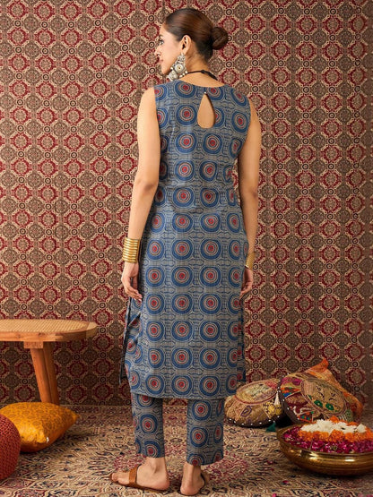 Dhiyona IE Printed Pure Cotton V-Neck Tunic With Trouser