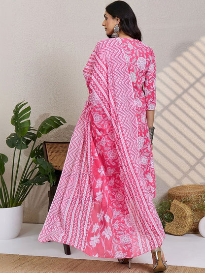 Women Floral Printed Regular Pure Cotton Kurta with Trousers & With Dupatta