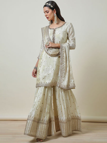 Dhiyona SO Women's Cream Floral Embroidered Notch Neck Zari Straight Kurta With Sharara & Dupatta