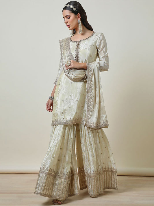 Dhiyona SO Women's Cream Floral Embroidered Notch Neck Zari Straight Kurta With Sharara & Dupatta