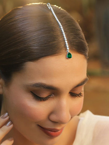 Dhiyona RJ Women's 22KT Gold-Plated Cubic Zirconia Studded & Emerald Drop Handcrafted Maang Tikka