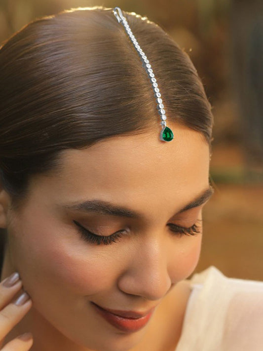Dhiyona RJ Women's 22KT Gold-Plated Cubic Zirconia Studded & Emerald Drop Handcrafted Maang Tikka