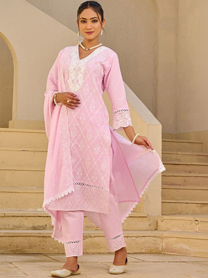Women Ethnic Motifs Embroidered Regular Thread Work Pure Cotton Kurta with Trousers & With Dupatta