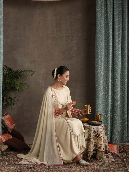 Women's Geometric Embroidered Mirror Work A-Line Kurta With Sharara & Dupatta