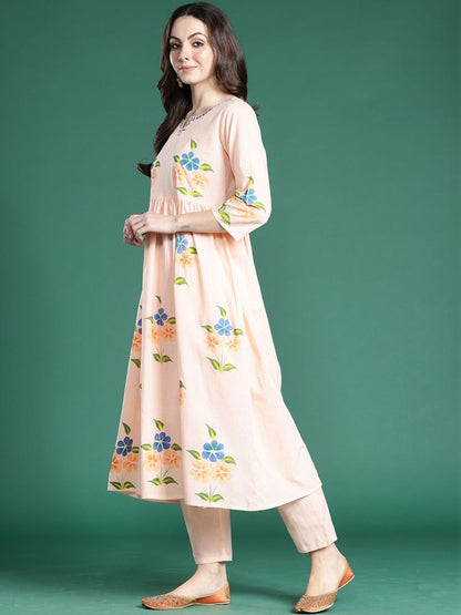 Women Floral Printed Empire Thread Work Pure Cotton Kurta with Trousers & With Dupatta