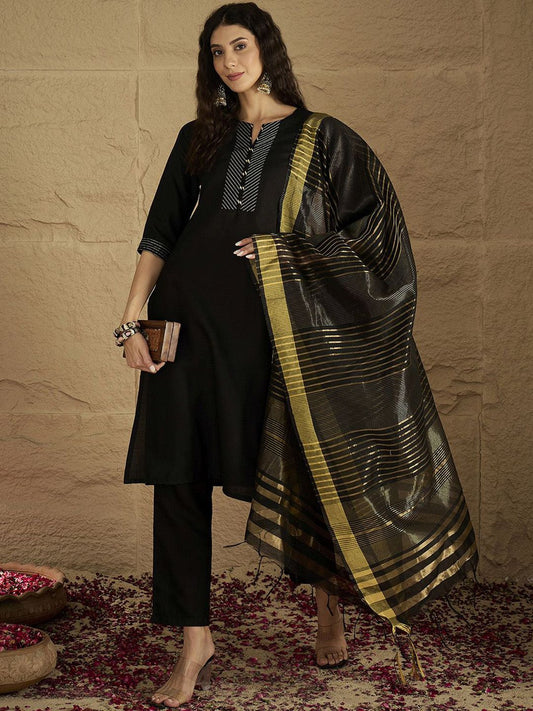 Dhiyona VA Women's Striped Self Design Kurta with Trouser & Dupatta