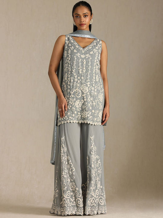 Dhiyona SO Women's Women Floral Printed Regular Beads and Stones Silk Georgette Kurta with Sharara & With Dupatta