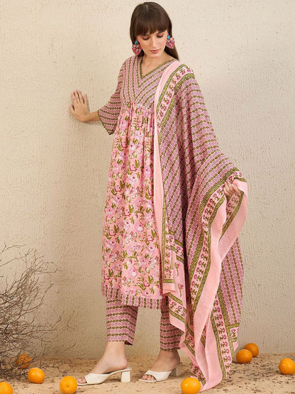 Dhiyona IE Floral Printed Empire Pure Cotton A-Line Kurta With Trousers & Dupatta