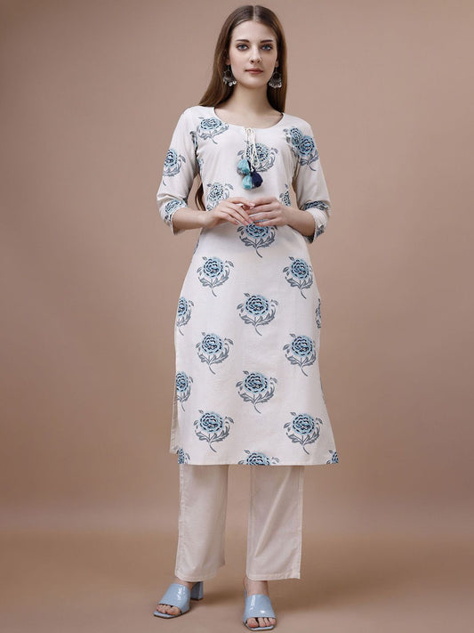 Dhiyona OD  Floral Printed Tie-Up Neck Cotton Straight Kurta