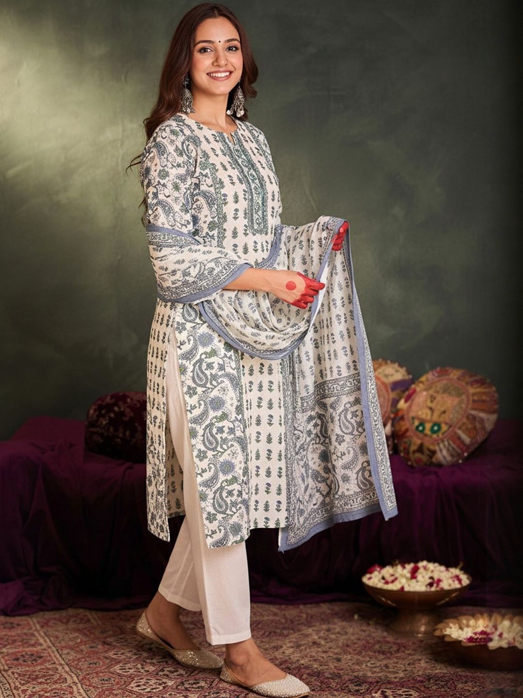 Ethnic Motifs Printed Pure Cotton Kurta With Trousers & Dupatta