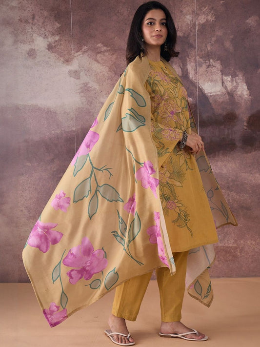 Floral Embroidered Mandarin Collar Pure Cotton Kurta & Trousers With Dupatta