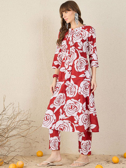 Dhiyona IE Floral Printed Pure Cotton Round Neck Tunic With Trousers Co-Ords