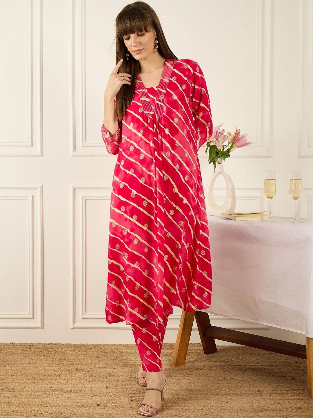 Floral Printed Thread Work Pure Cotton Kurta With Palazzos