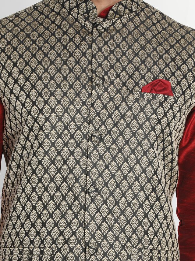 Men's Maroon Silk Blend Straight Jacket  Kurta and Pyjama Set