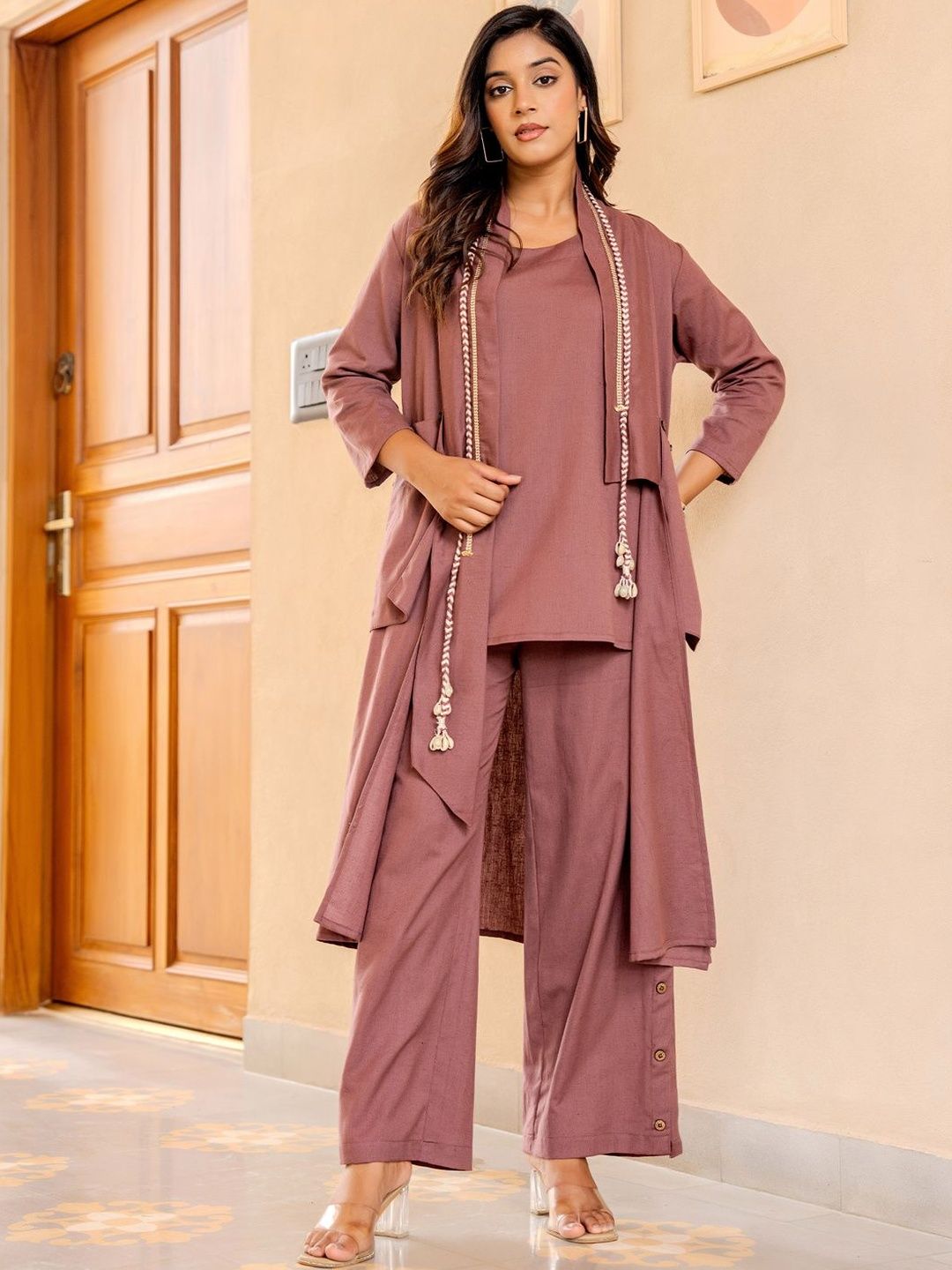 Women Solid Cotton Top with Palazzo & Jacket